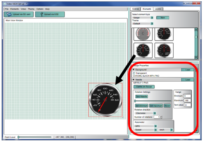 Screenshot of Video VBOX Setup software with the Elements tab selected, and the Gauge Properties highlighted.
