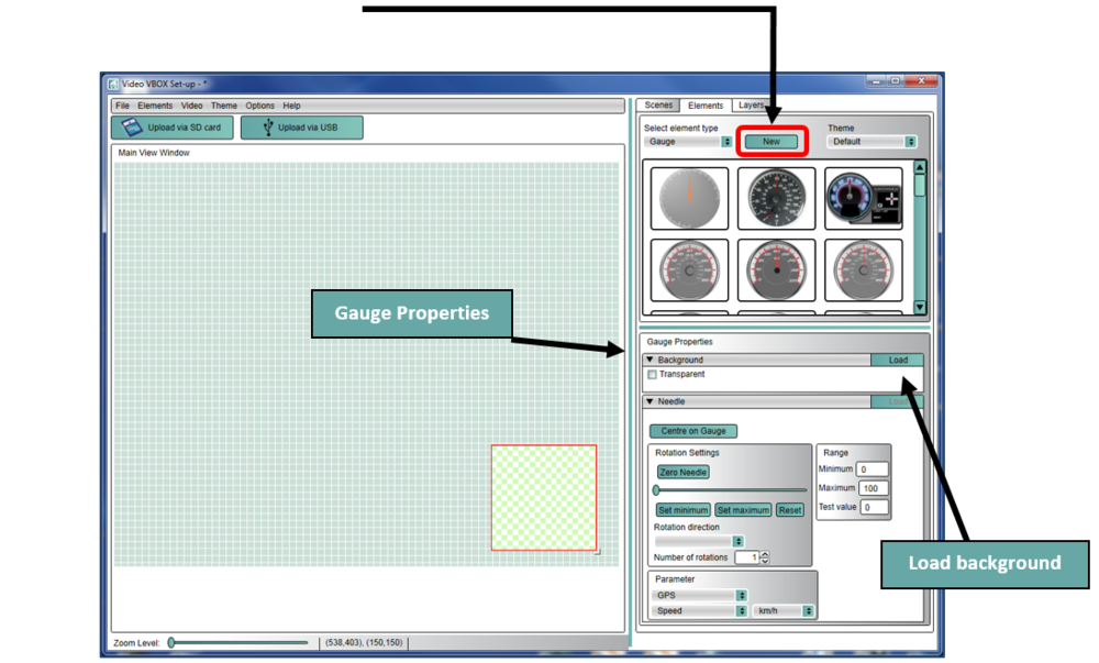 Screenshot of the Elements tab with Gauge selected as the element type and the New button highlighted. Labels also highlight the Gauge Properties and the Load Background button.