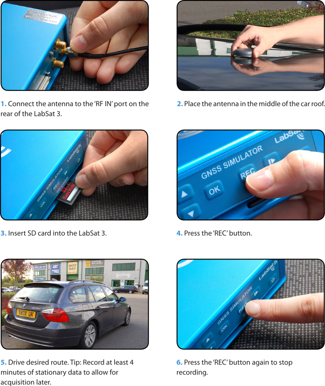 Step-by-step example showing how to connect the antenna, insert the SD card, record a GNSS drive route, and stop recording using LabSat 3