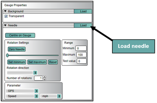 Screenshot of the Gauge Properties with the Load button highlighted.