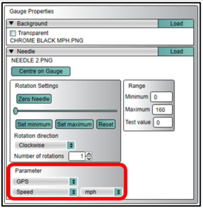 Screenshot of the Gauge Properties with Parameter settings highlighted.