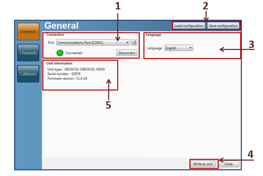 Screenshot of the General menu in VBOX Setup software with areas highlighted and labelled.