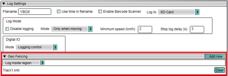 Screenshot of the Log Settings in Video VBOX Setup software with the Geo Fencing options highlighted.