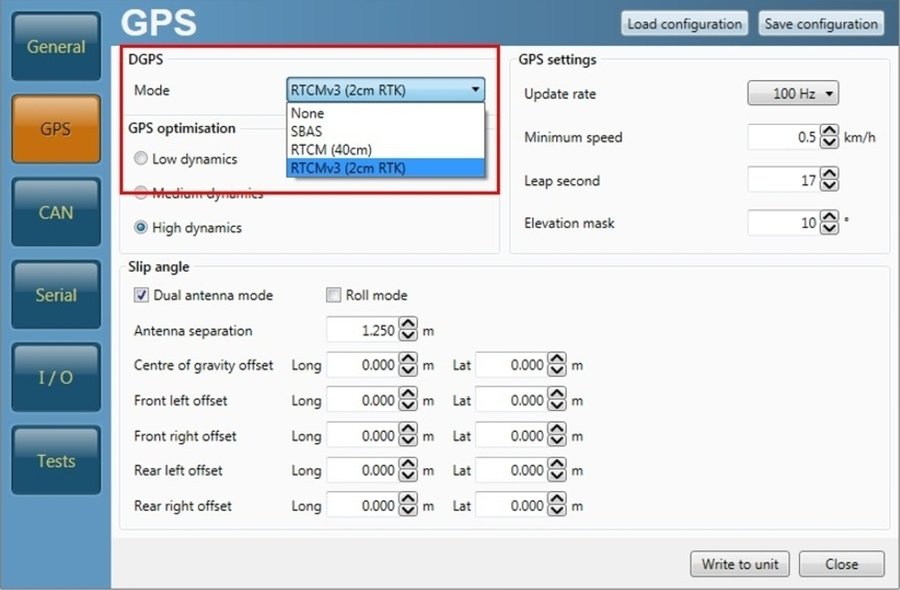 Screenshot of the GPS Menu in VBOX Setup with DGPS and GPS Optimisation settings highlighted.