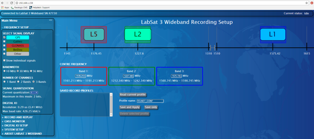 LabSat 3 Wideband Recording Setup screen showing configured L1, L2, and L5 GNSS frequency bands and centre frequency ranges.