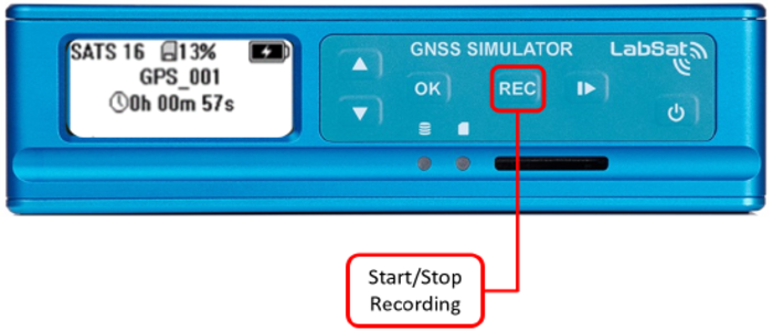 Annotated LabSat front panel highlighting the REC recording button.