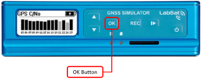 Annotated LabSat front panel highlighting the OK button.