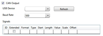 CAN output configuration panel showing USB device selection, baud rate settings, and CAN signal definitions.
