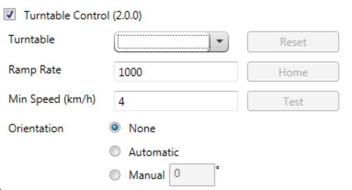 Turntable Control interface used to configure turntable selection, ramp rate, minimum operating speed, and antenna orientation control modes.