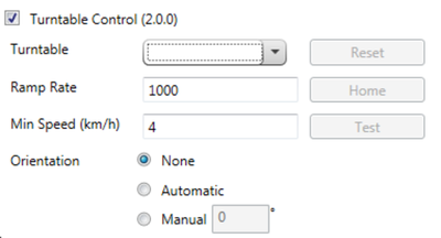 Turntable control configuration panel showing motion and orientation settings.