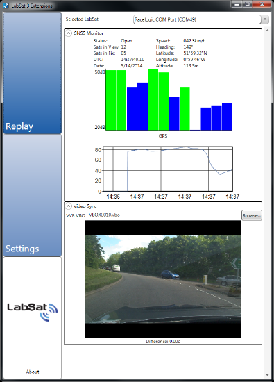 LabSat 3 Extensions software displaying live GNSS monitoring data alongside synchronized video playback during scenario replay.