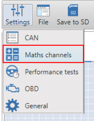 Cropped screenshot of the available sub-menus under the Settings tab of VBOX Video HD2 Setup Software with Maths Channels highlighted.