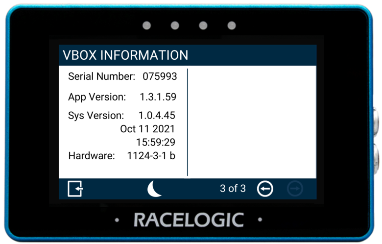MFD Touch displaying the General Settings - VBOX Information screen.