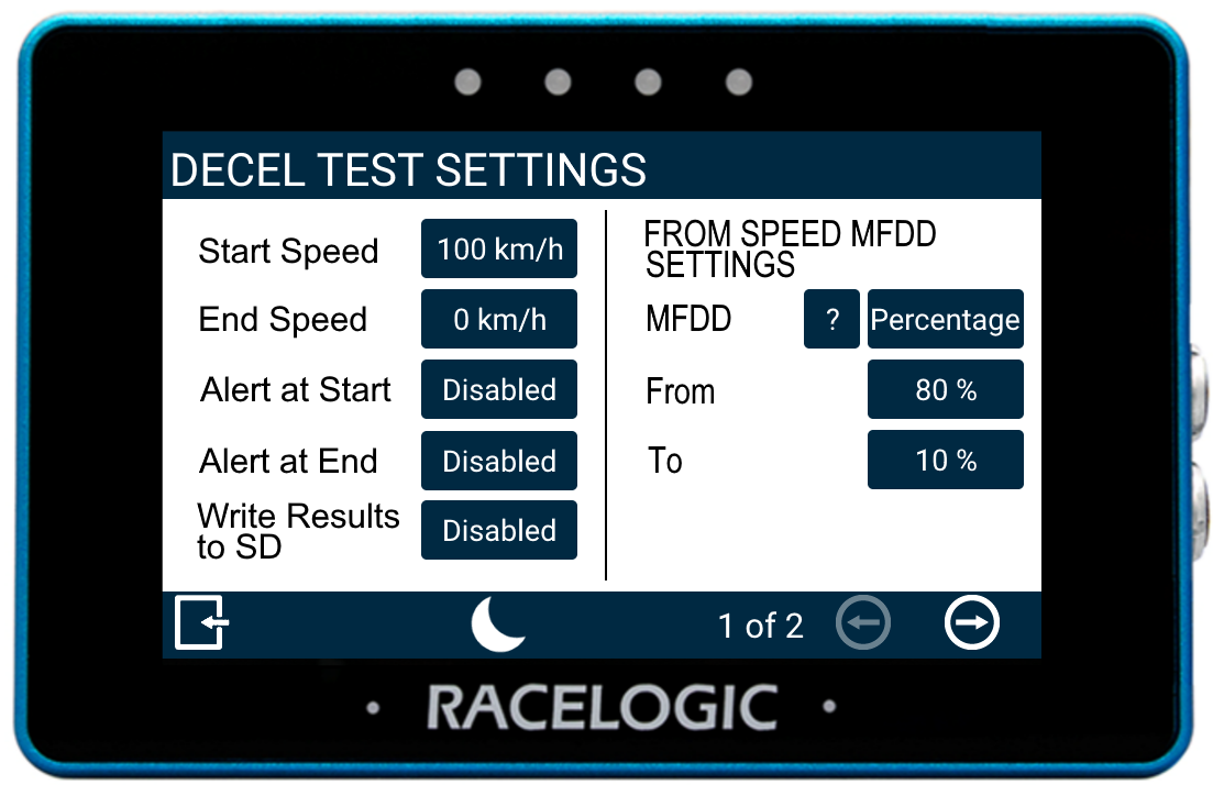 MFD Touch displaying the Decel Test Settings screen.