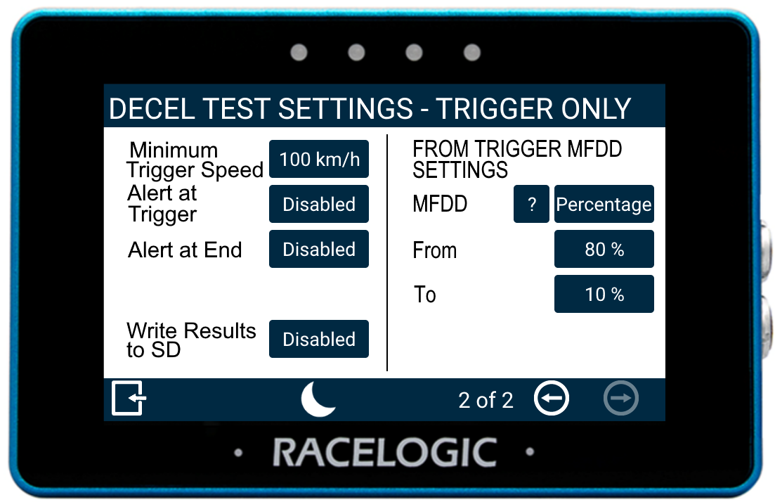 MFD Touch displaying the Decel Test Settings - Trigger Only screen. 