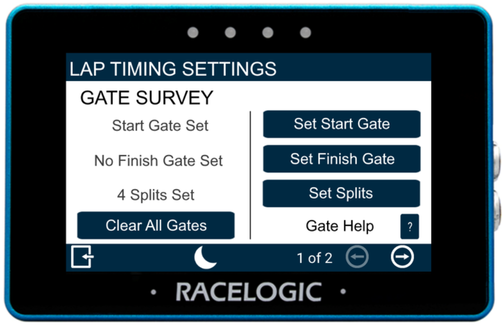 MFD Touch displaying the Lap Timing Settings screen 1/2 (Gate Survey).