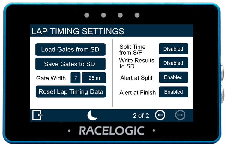 MFD Touch displaying the Lap Timing Settings screen 2/2.
