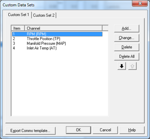 Screenshot of Custom Data Sets settings with Custom Data Set 1 tab displayed and RPM selected.