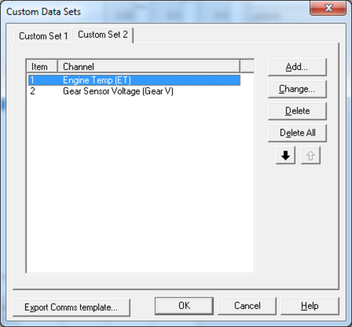 Screenshot of Custom Data Sets settings with Custom Data Set 2 tab displayed and Engine Temp (ET) selected.
