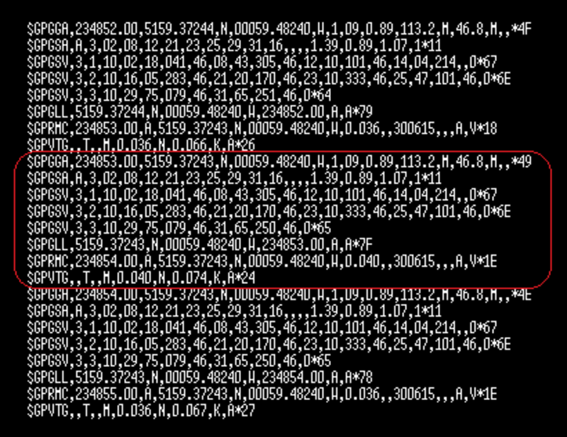 Example NMEA message output captured from a GNSS receiver.