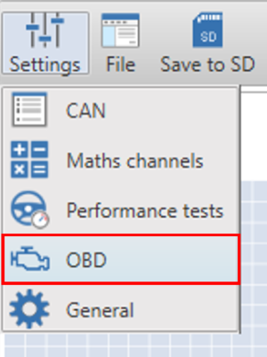 Screenshot of the Settings Menu with OBD highlighted.