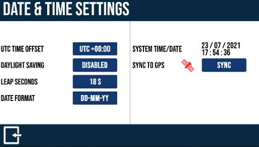 Date & Time Settings screen in the Speed Profiler App on Performance Box Touch. 