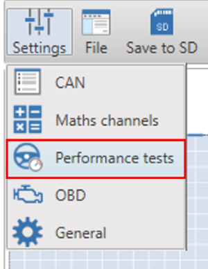 Screenshot of the Settings Menu with Performance Tests highlighted.