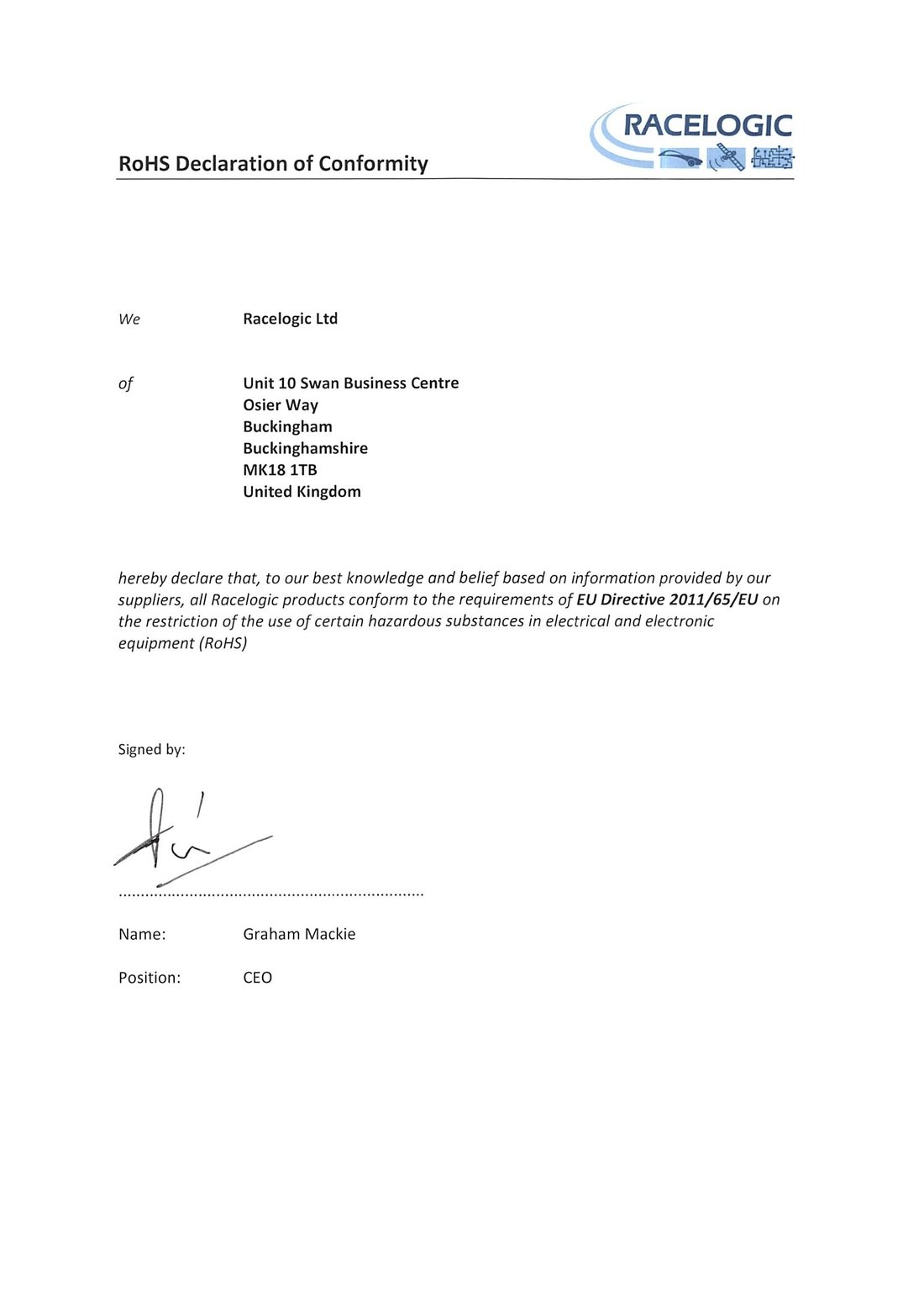 Racelogic RoHS Declaration of Conformity document confirming compliance with EU Directive 2011/65/EU.
