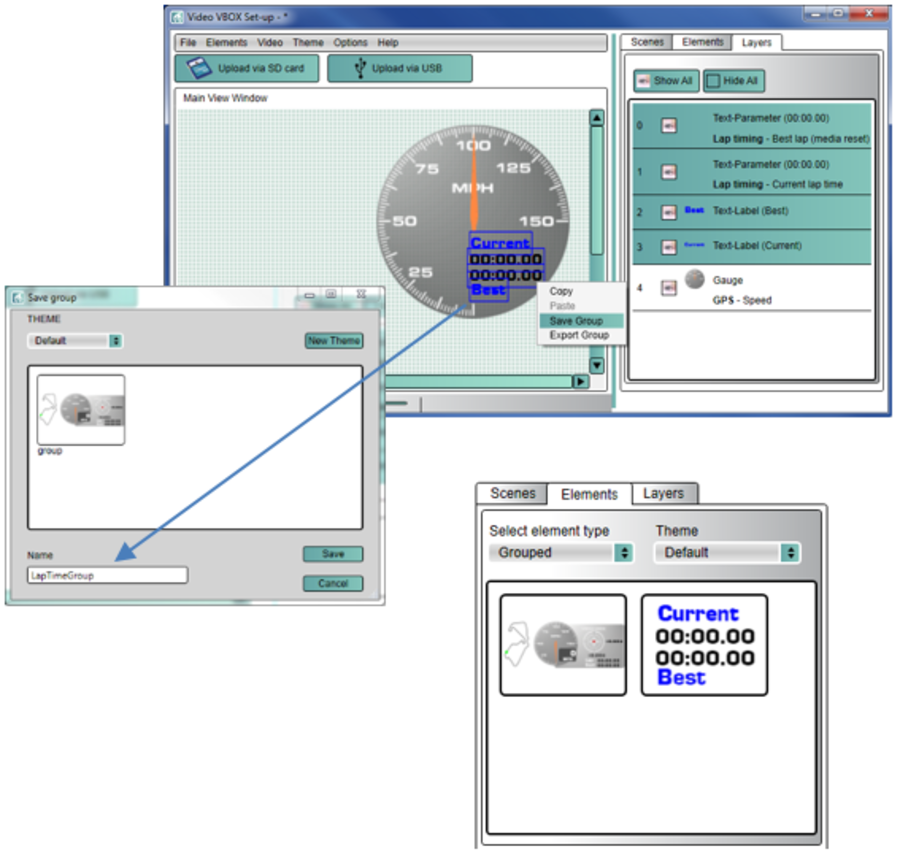 Images depicting saving a group and then loading it as a Grouped element. 
