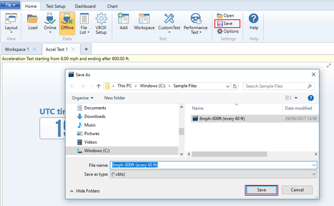 VBOX Test Suite with Save button on the Home tab highlighted and the Save As dialogue open showing example file name and with Save button highlighted.   