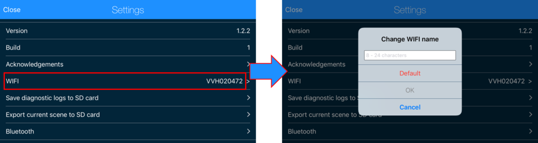 Screenshot accessing the current Wi-Fi connection and the Change Wi-Fi Name popup. 