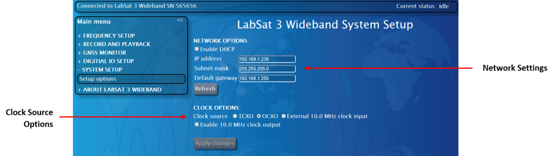 LabSat 3 Wideband System Setup screen showing network configuration and clock source options.