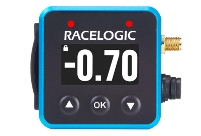 Mini LapTimer with -0.70 on the Predictive Lap Timing display and 2 red LEDs.