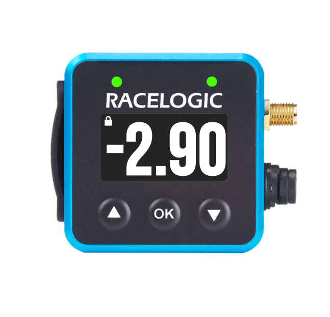 Mini LapTimer with -2.90 on the Predictive Lap Timing display and 2 green LEDs.
