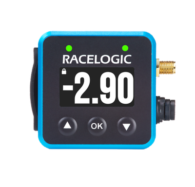 Mini LapTimer with -2.90 on the Predictive Lap Timing display and 2 green LEDs.