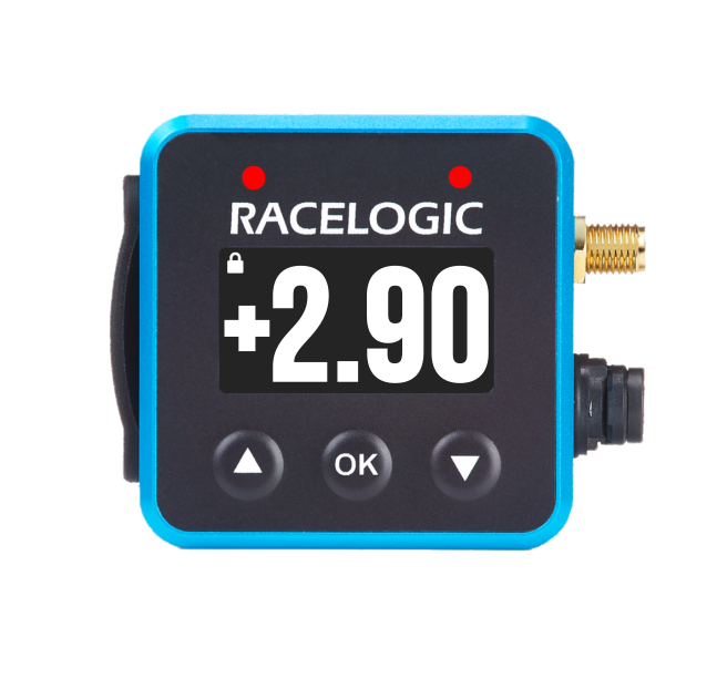 Mini LapTimer with +2.90 on the Predictive Lap Timing display and 2 red LEDs.