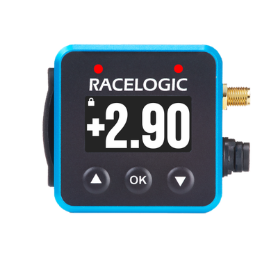 Mini LapTimer with +2.90 on the Predictive Lap Timing display and 2 red LEDs.