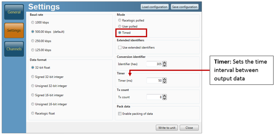 Screenshot of the Settings menu in VBOX Setup with Timed highlighted and the Timer option labelled.