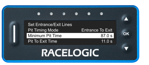 VBOX Pit Lane Timer showing the Minimum Pit Time option in the Pit Lane Menu, set to 87.0s.