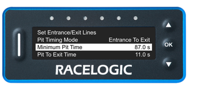 VBOX Pit Lane Timer showing the Minimum Pit Time option in the Pit Lane Menu, set to 87.0s.