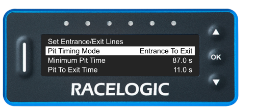 VBOX Pit Lane Timer showing the Pit Timing Mode option in the Pit Lane Menu, set to Entrance To Exit.