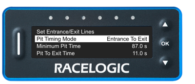VBOX Pit Lane Timer showing the Pit Timing Mode option in the Pit Lane Menu, set to Entrance To Exit.