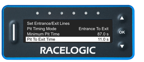 VBOX Pit Lane Timer showing the Pit To Exit Time option in the Pit Lane Menu, set to 11.0s.