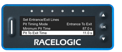 VBOX Pit Lane Timer showing the Pit To Exit Time option in the Pit Lane Menu, set to 11.0s.