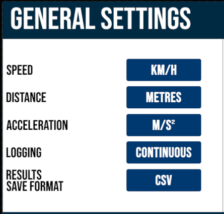 Left half of the General Settings screen on VBOX Touch.