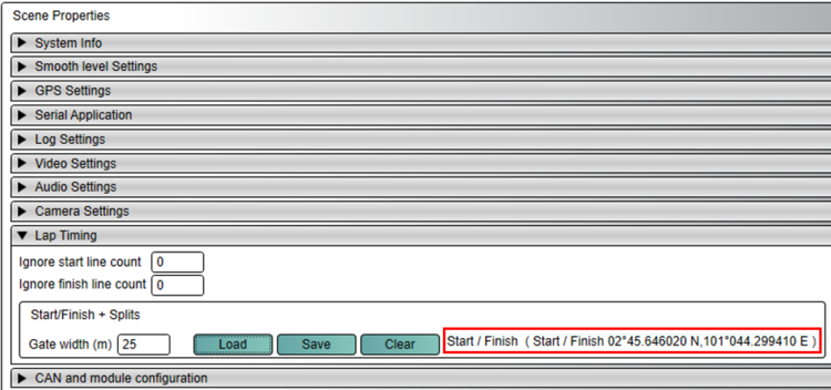 Screenshot of the Lap Timing settings in VBOX Video Setup software.