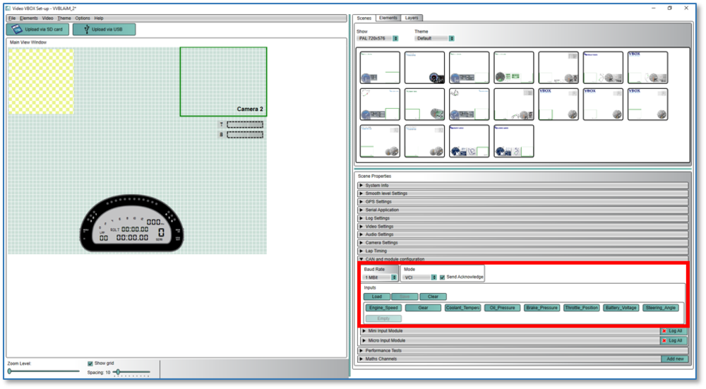 Screenshot of Video VBOX Setup software with CAN and Module Configuration settings highlighted.