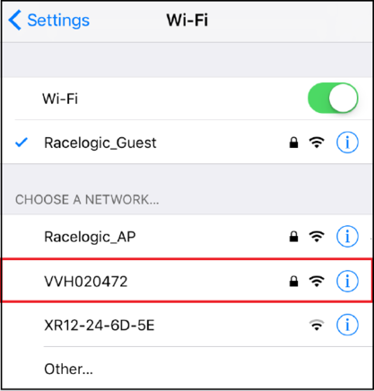 Screenshot of connecting to a Wi-Fi network on a mobile device with the VBOX Video HD2 network highlighted. 