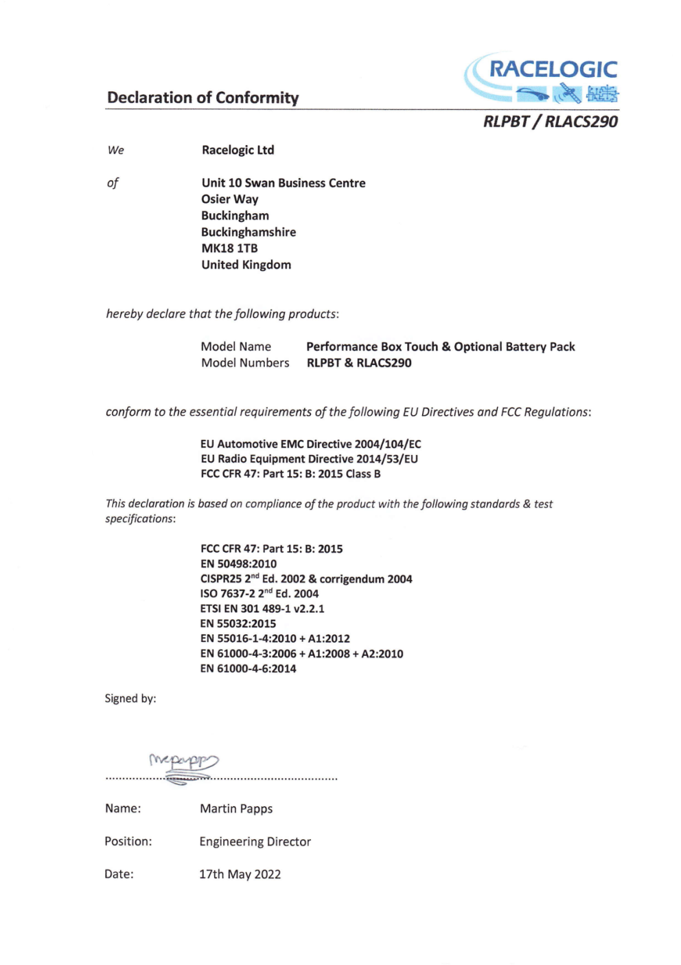 Declaration of Conformity