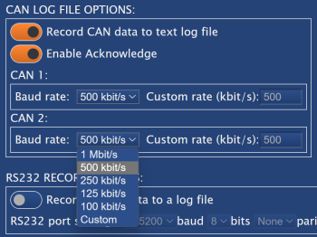 Screenshot showing the CAN Baud Rate dropdown list.